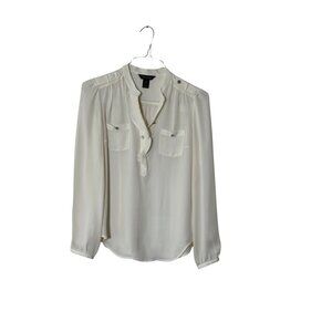 White House Black Market Ruffle Silk Blouse Long Sleeve V neck High Collar Sz 6